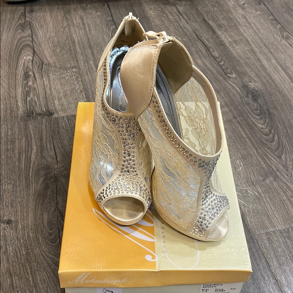 Michelangelo Cream Strappy Heels with Rhinestones